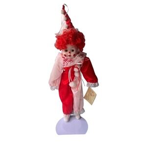 Vintage Dream Dolls Porcelain Clown 18 Inch Red White Harlequin Lace with Stand